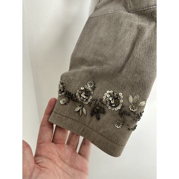 Pamela McCoy 100% Suede Leather Gray Beaded Sequin Zip Jacket Size Large - Picture 3 of 13